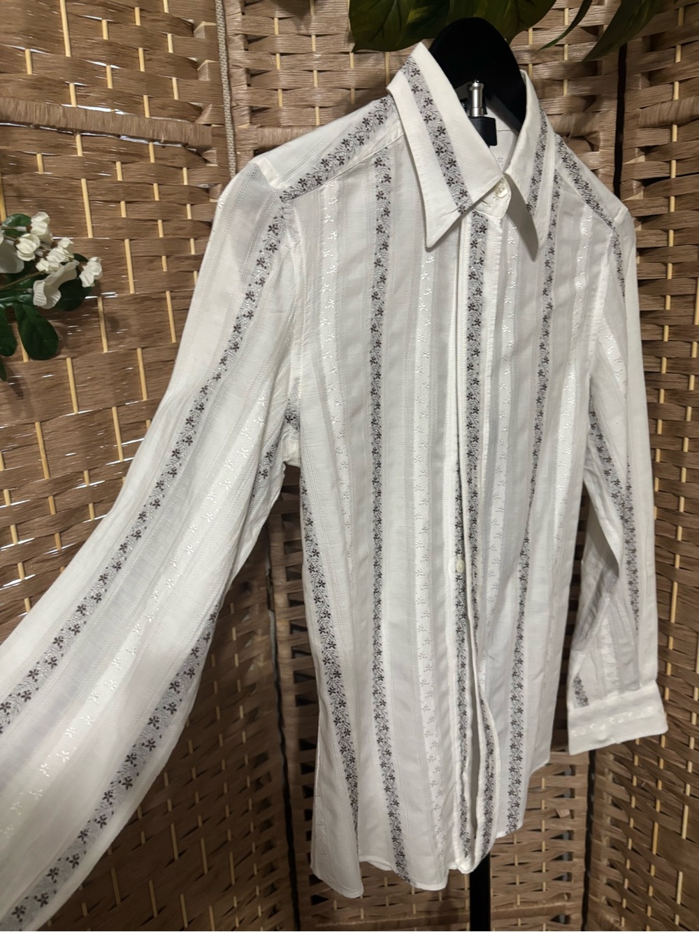 Vintage Dolce & Gabbana White and Gray Vertical Stripe Button-Down Blouse - Picture 4 of 7